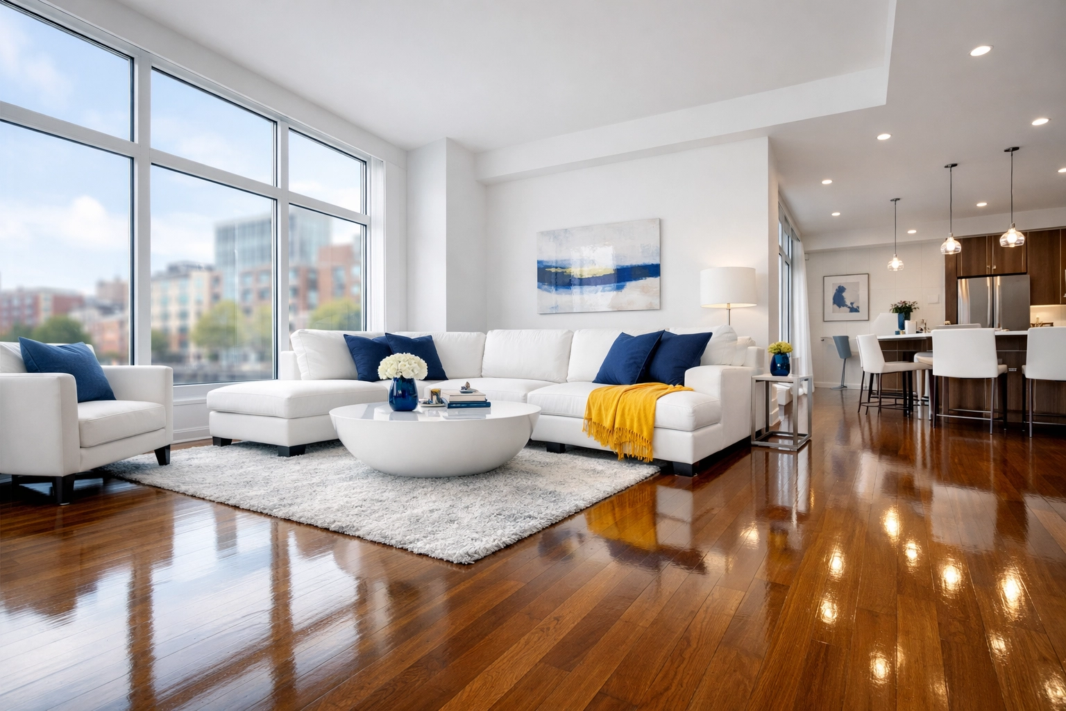 Pristine living room in a Cambridge MA apartment showcasing results of professional maid service.