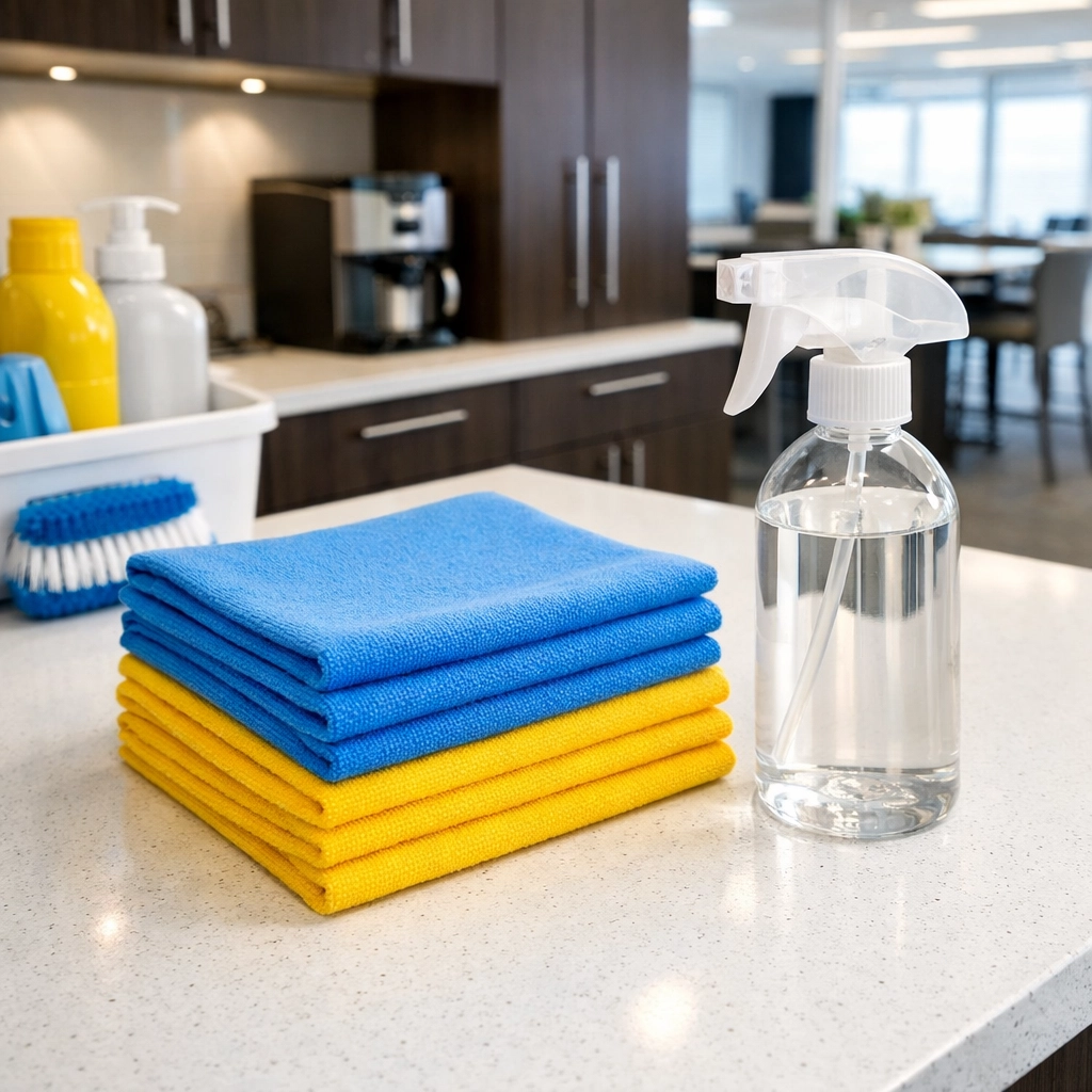 Professional cleaning supplies and color-coded cloths used for high-standard Westborough office cleaning services.