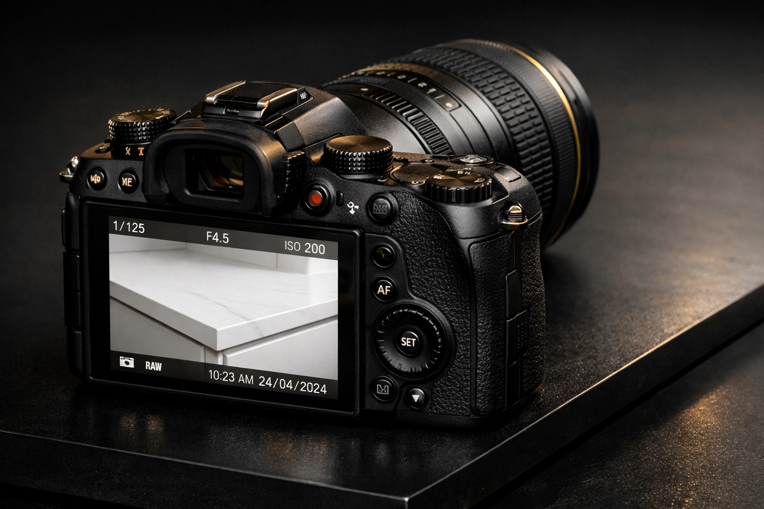 Professional camera capturing time-stamped property inventory photos of kitchen worktop condition