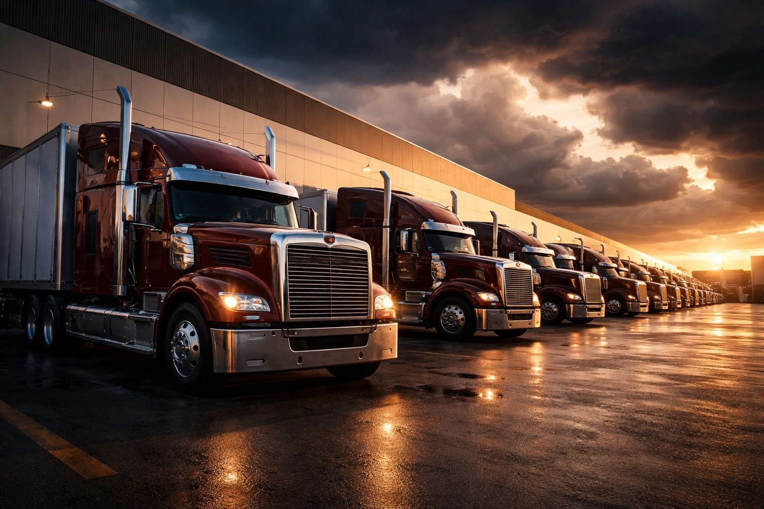 Fleet of semi-trucks at a distribution center, showing weather impacts on truckload freight availability and rates.