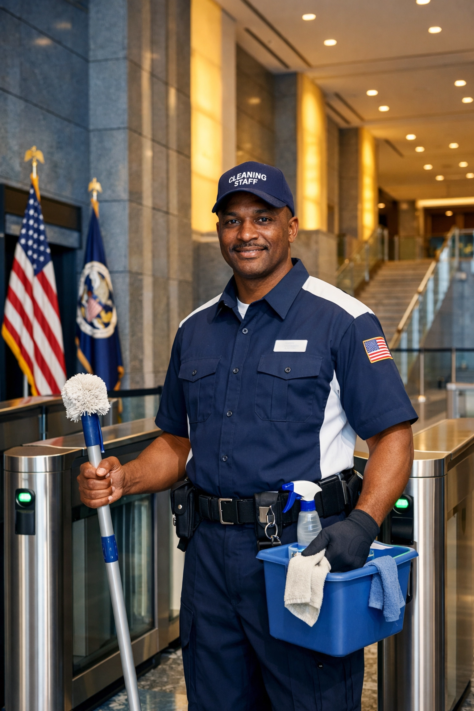 A professional cleaning expert in a navy uniform standing in a secure government building atrium.