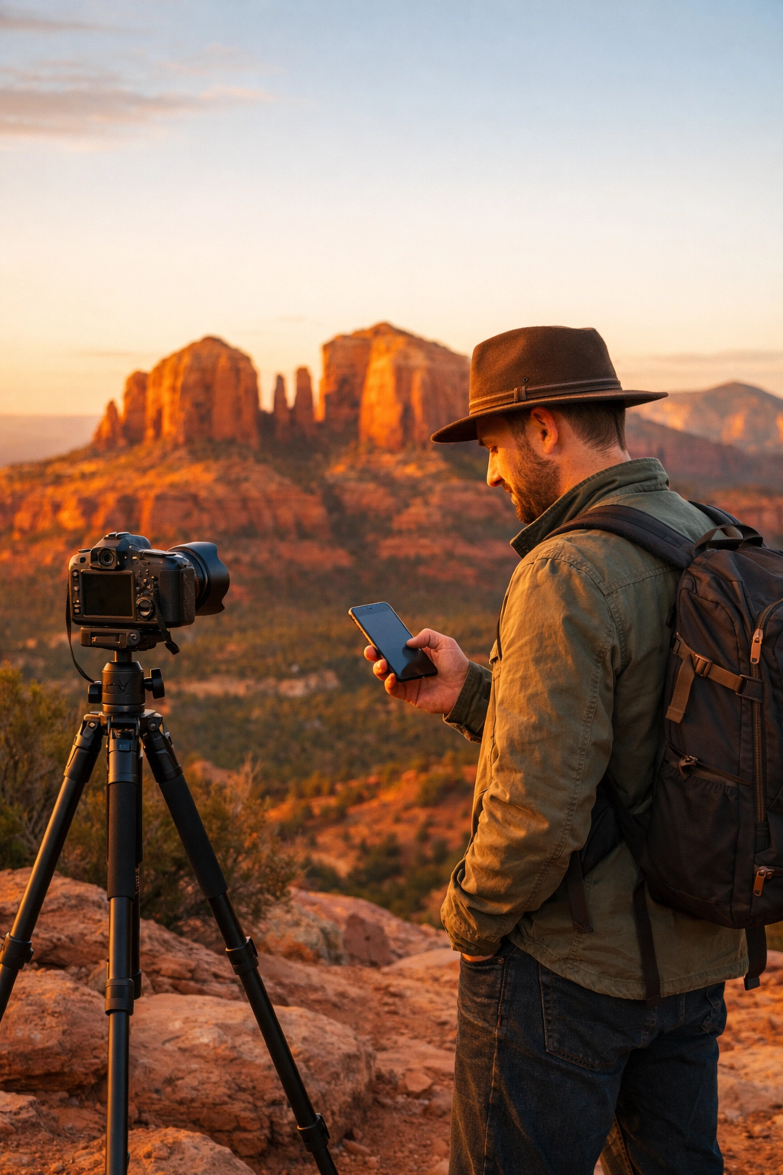 Photographer in Sedona checking mobile image speed at a top photography location.
