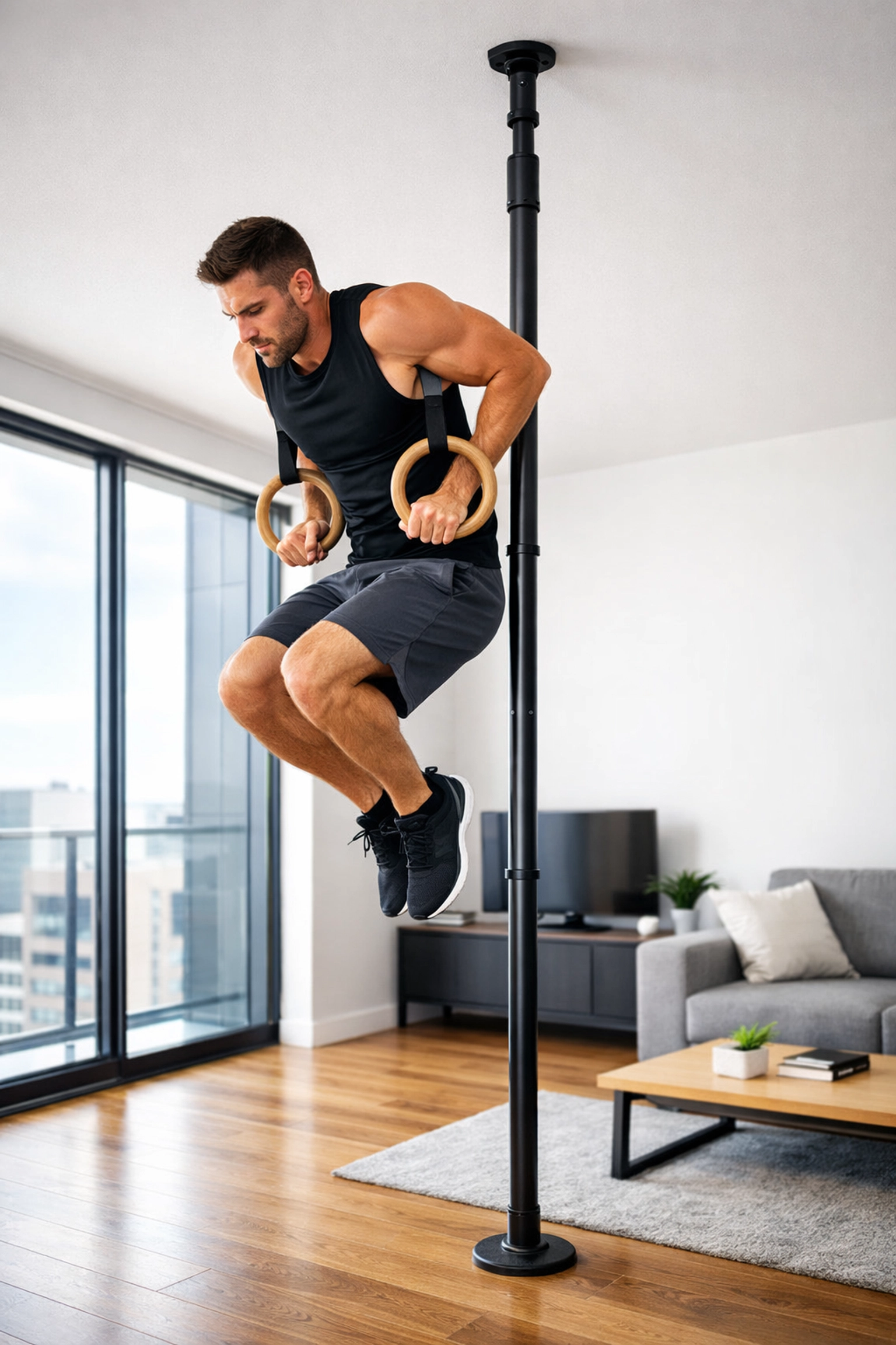 Floor-to-ceiling gym system with gymnastic rings in apartment - no wall damage required