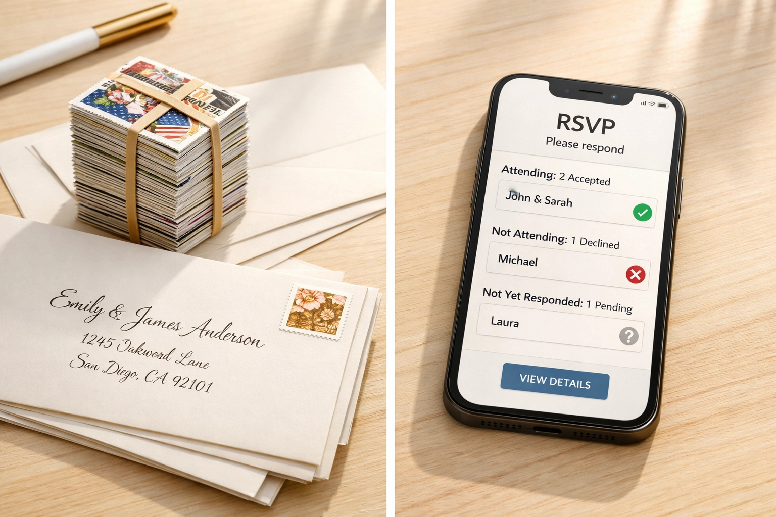 Comparison of wedding postage costs versus digital RSVP on smartphone