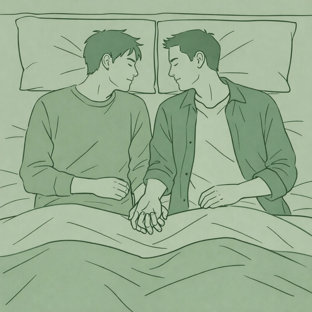Two men holding hands in bed during first intimate experience - MM romance