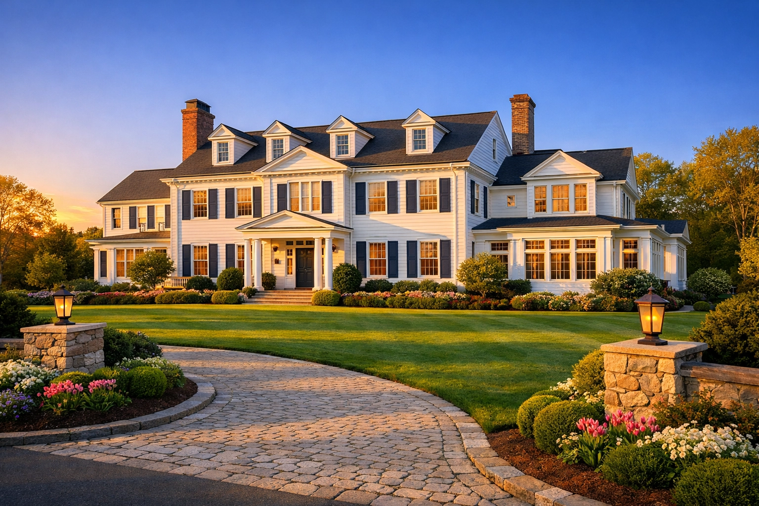 Exterior of a grand Wenham estate maintained by professional residential cleaning services.