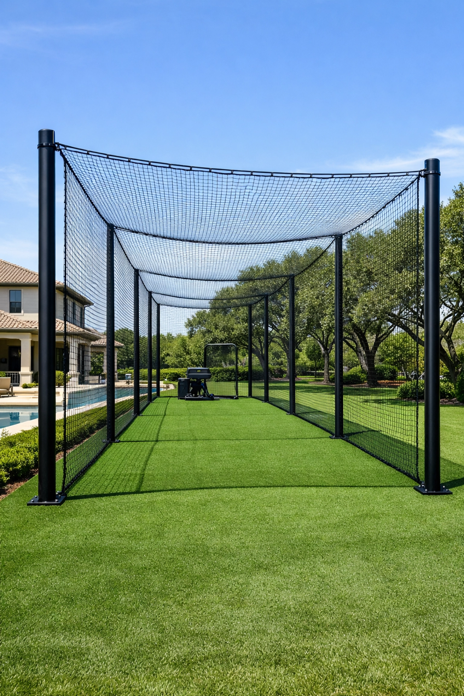 Turnkey backyard batting cage with professional netting and synthetic turf base for all-weather training.
