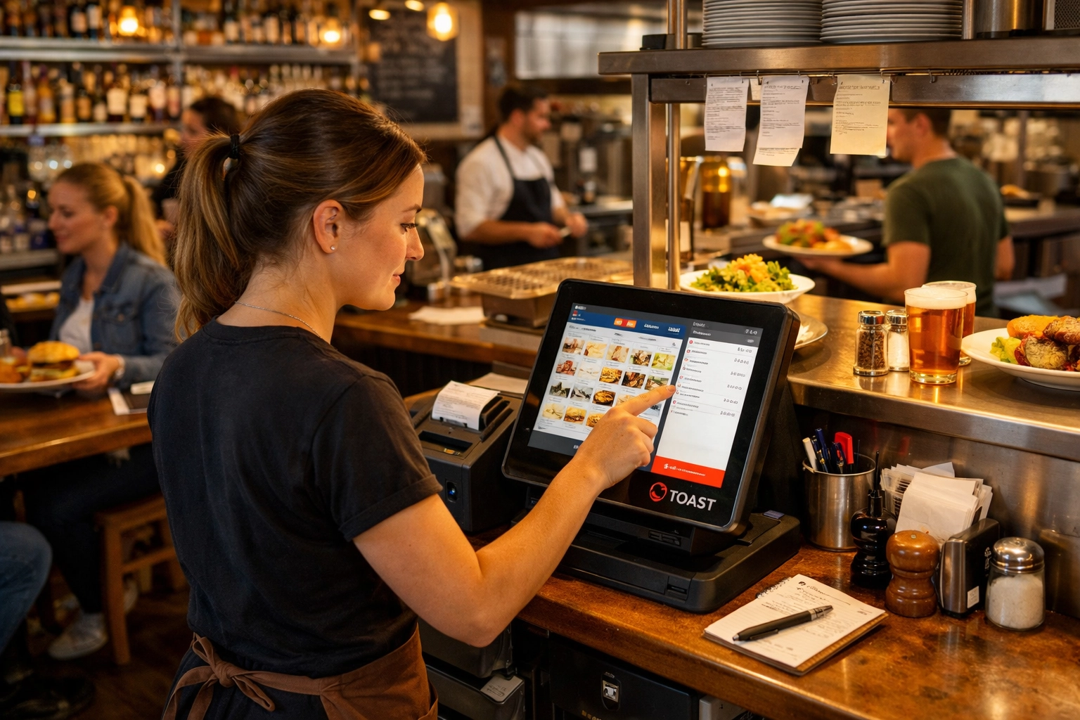 Toast POS terminal in use at busy UK restaurant with staff taking orders