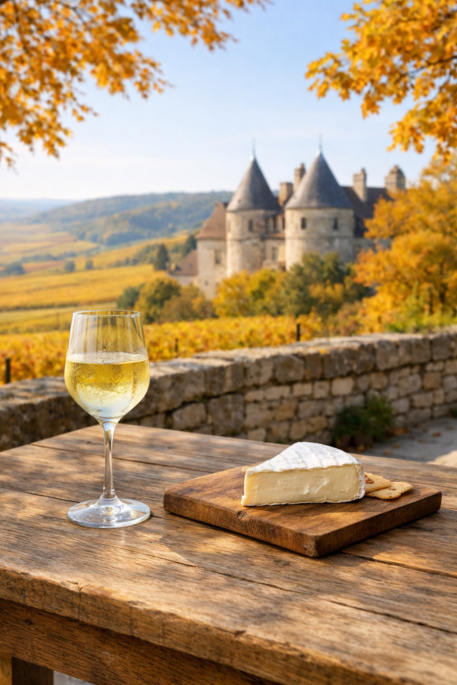 White wine and brie on a stone terrace overlooking golden autumn vineyards in Burgundy, France.