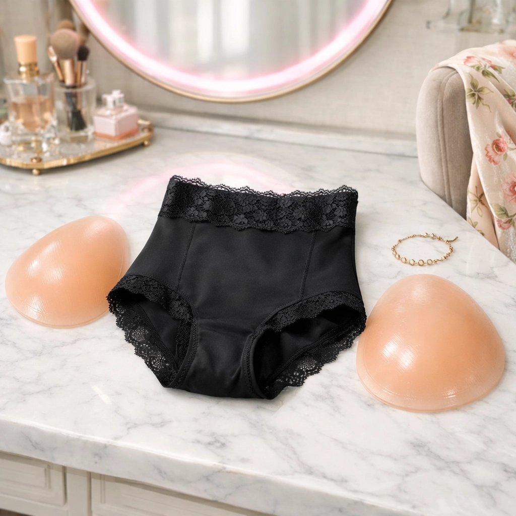 Premium crossdressing shapewear featuring lace briefs and silicone hip pads for creating feminine curves.