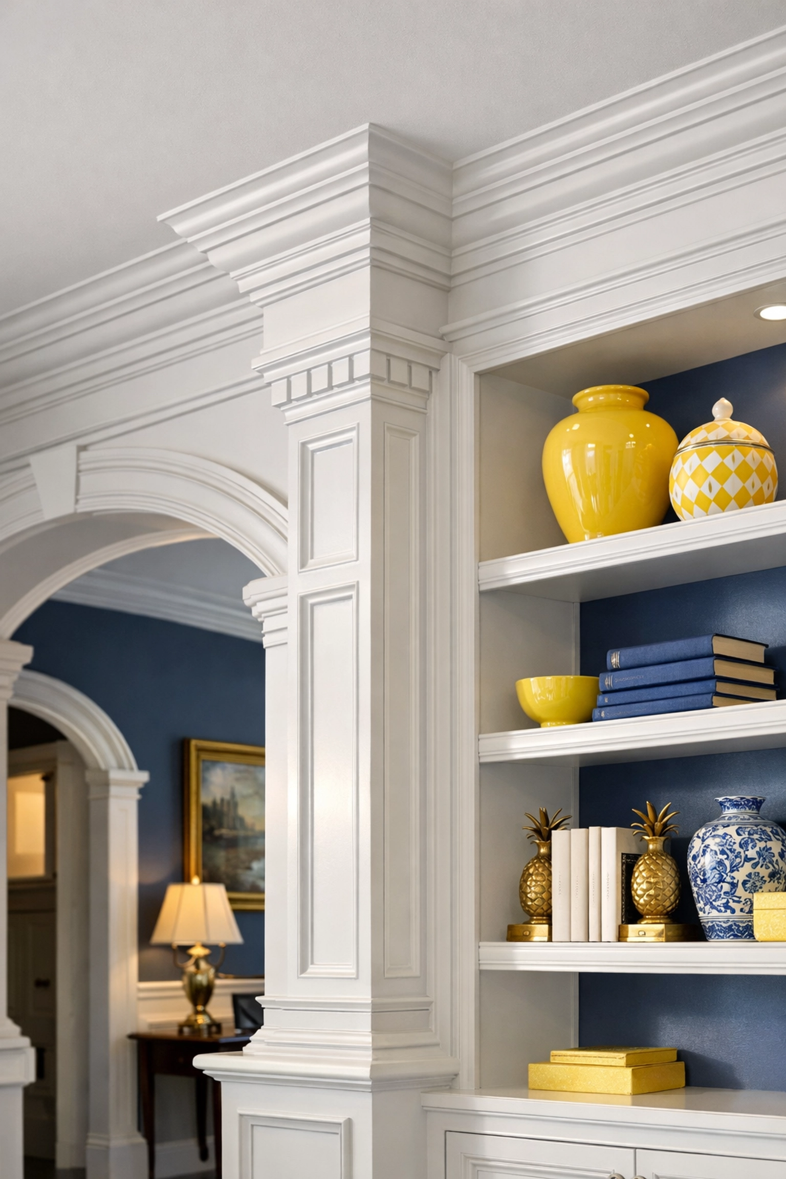 Dust-free architectural details and shelving in a luxury Shrewsbury home after professional cleaning.