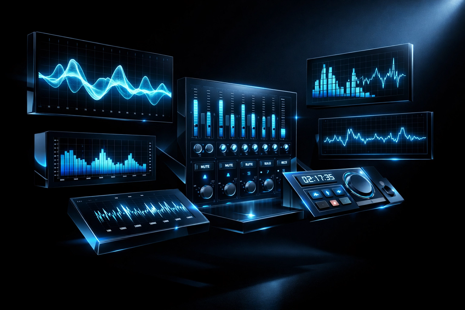 Digital audio workstation interface showing waveforms and mixing console for modern music production