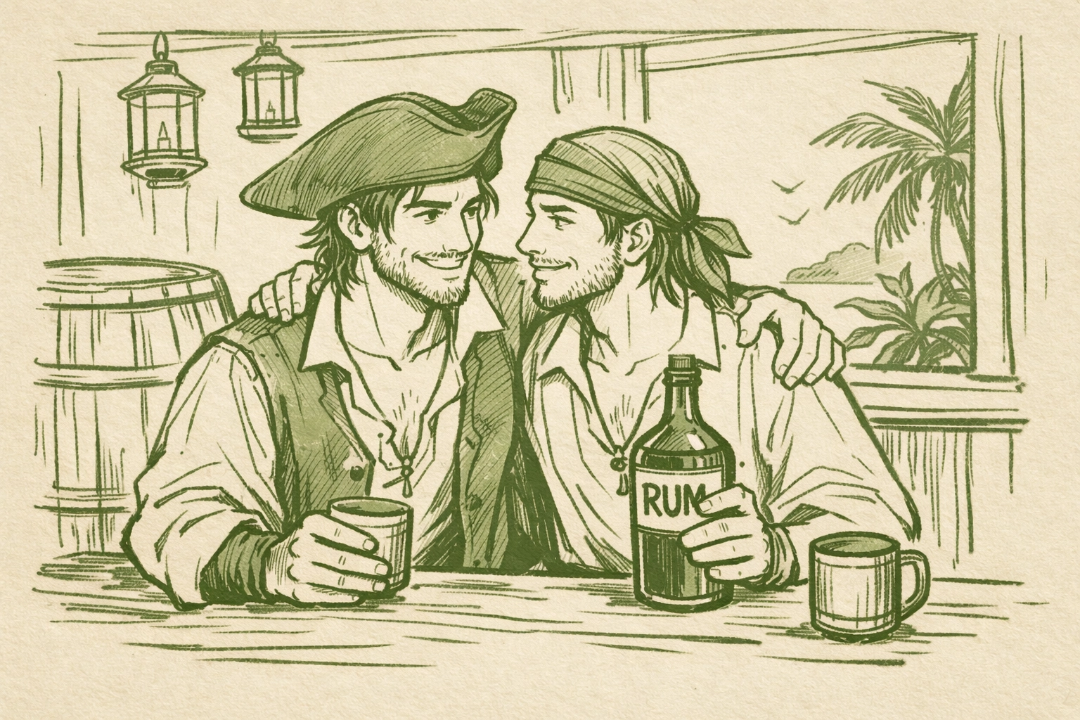 Queer pirates sharing rum in Caribbean tavern - historical gay seafaring culture