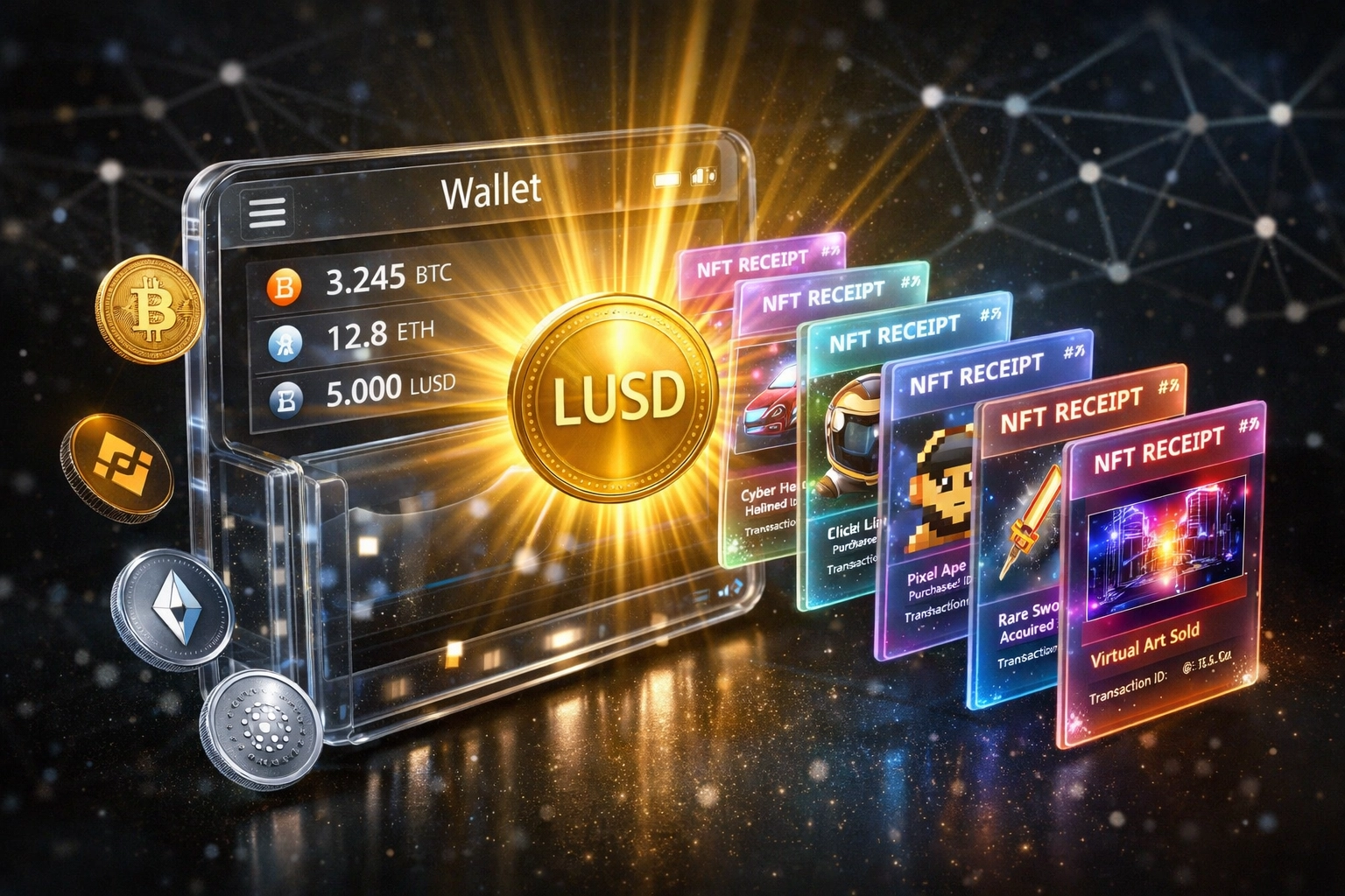 Digital crypto wallet with NFT receipts and LUSD stablecoin tokens on blockchain network