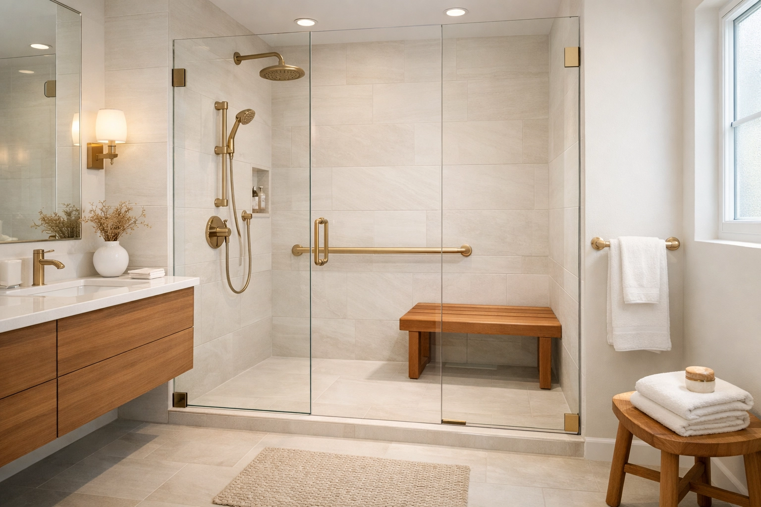 Modern accessible bathroom remodel with a zero-entry walk-in shower for aging in place.