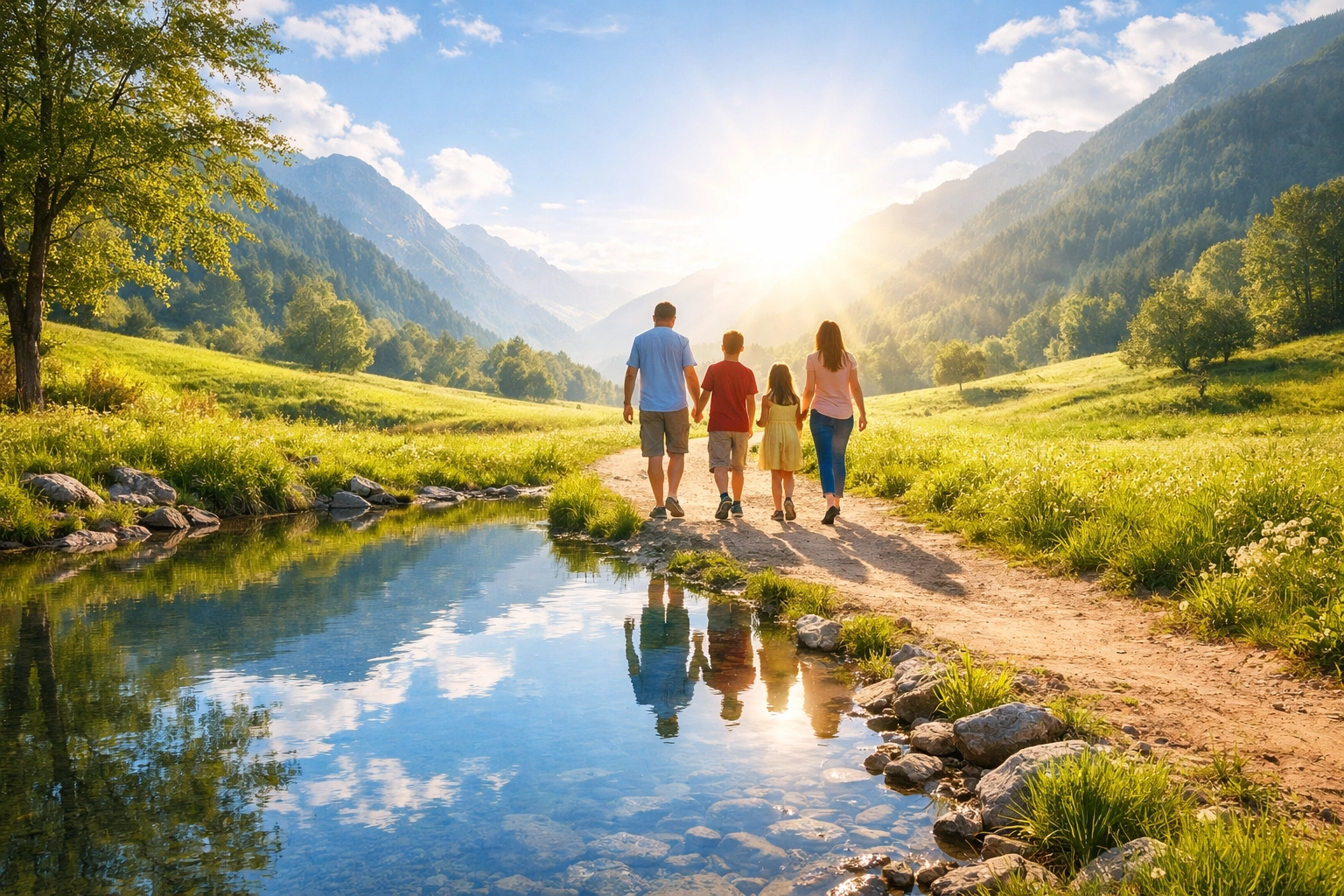 A family walking through green pastures and quiet waters, illustrating the soul rest promised in Psalm 23.