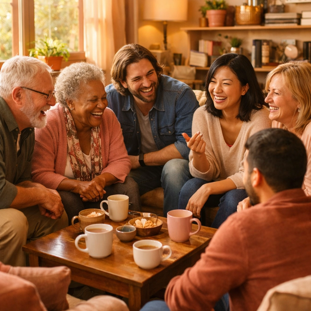 Diverse group sharing authentic conversations about crossdressing and trans experiences in supportive environment