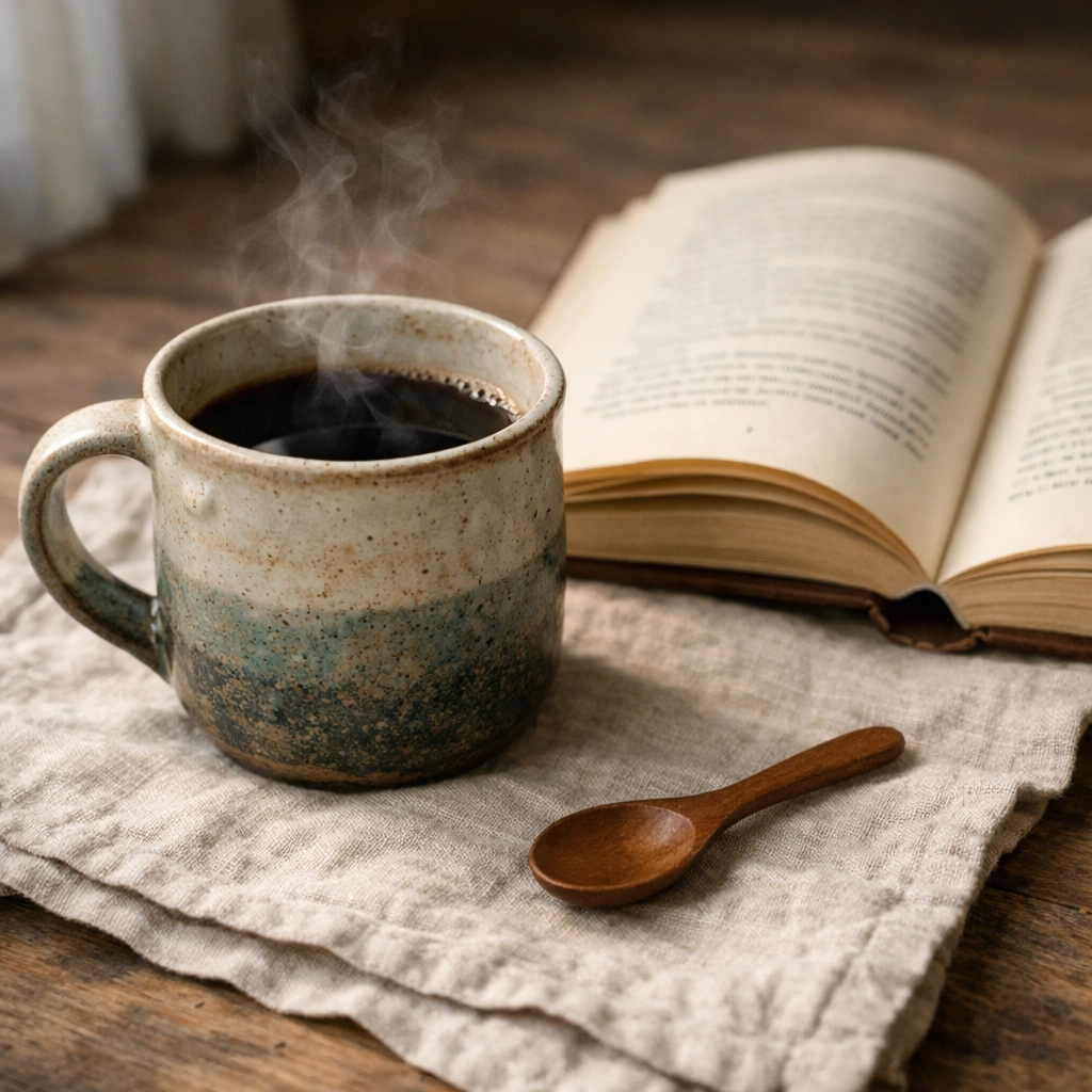 A steaming ceramic mug of fresh black coffee as part of a relaxing morning brewing ritual.