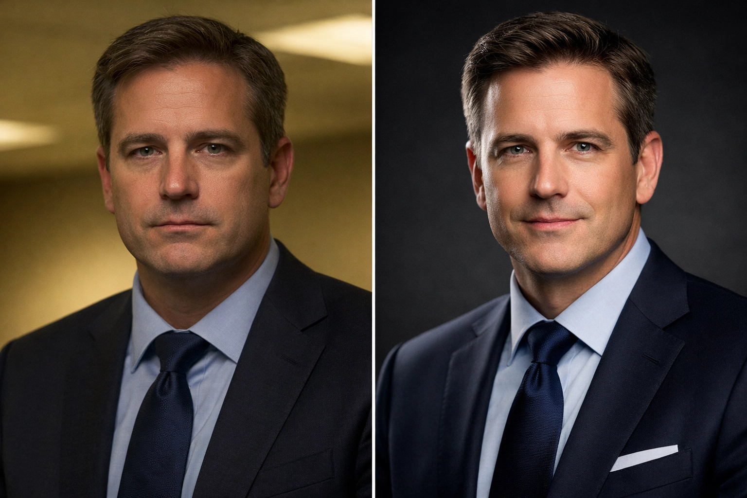 Realtor headshot comparison showing poor office lighting versus professional studio lighting.