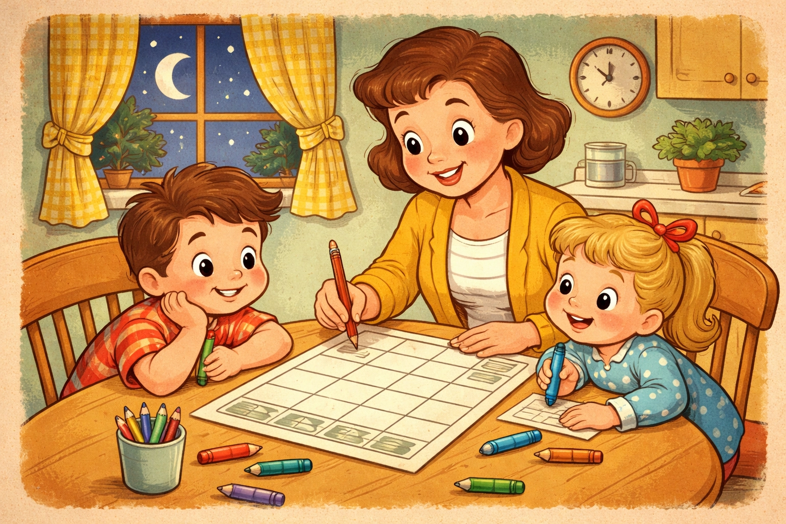A child dreams about tomorrow while planning their day at a cozy kitchen table, showing excitement for using planning sheets.