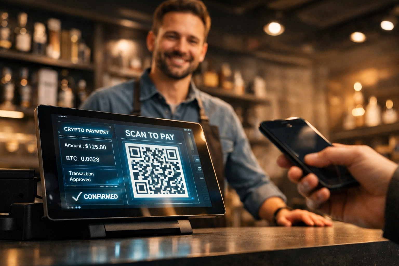 Merchant accepting crypto payment with QR code scanner at retail point of sale