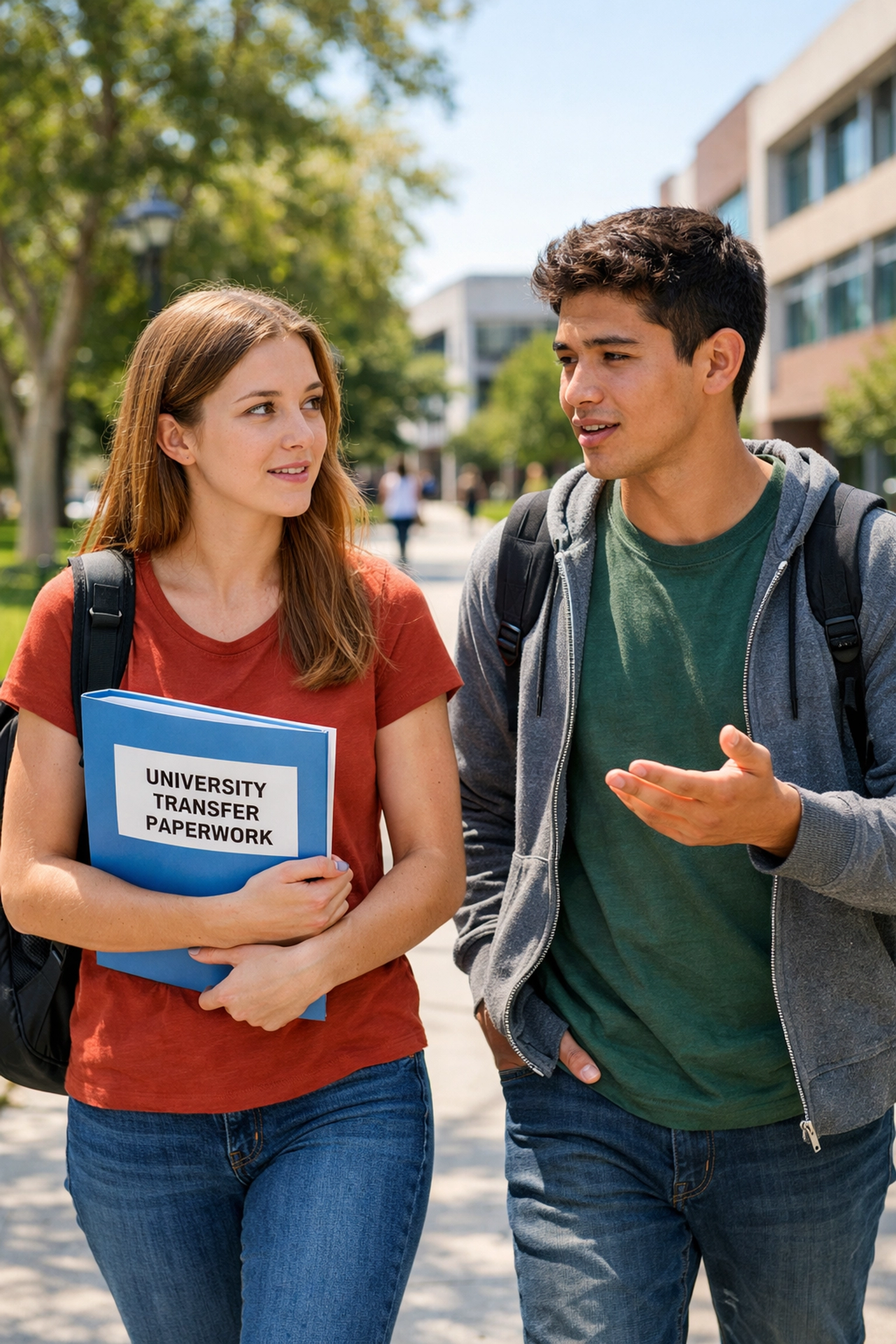 Transfer students discussing CLEP credit acceptance on college campus (1x1, center safe zone)