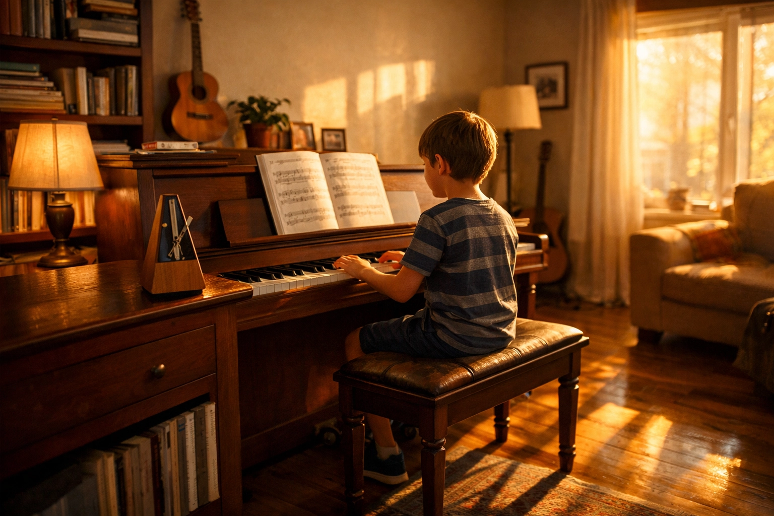 A child practicing at home, illustrating the discipline learned through piano lessons Tallahassee.