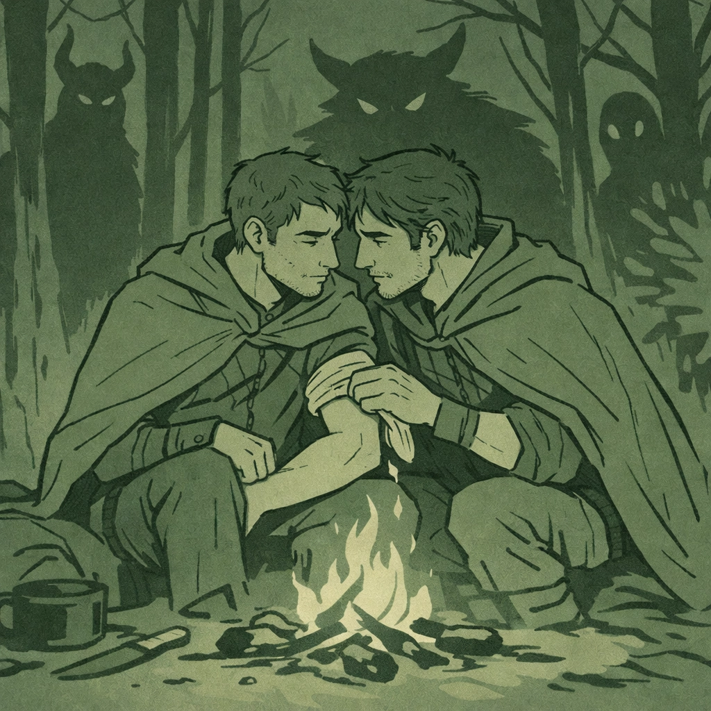 Gay romance hunters sharing intimate campfire moment in fantasy setting
