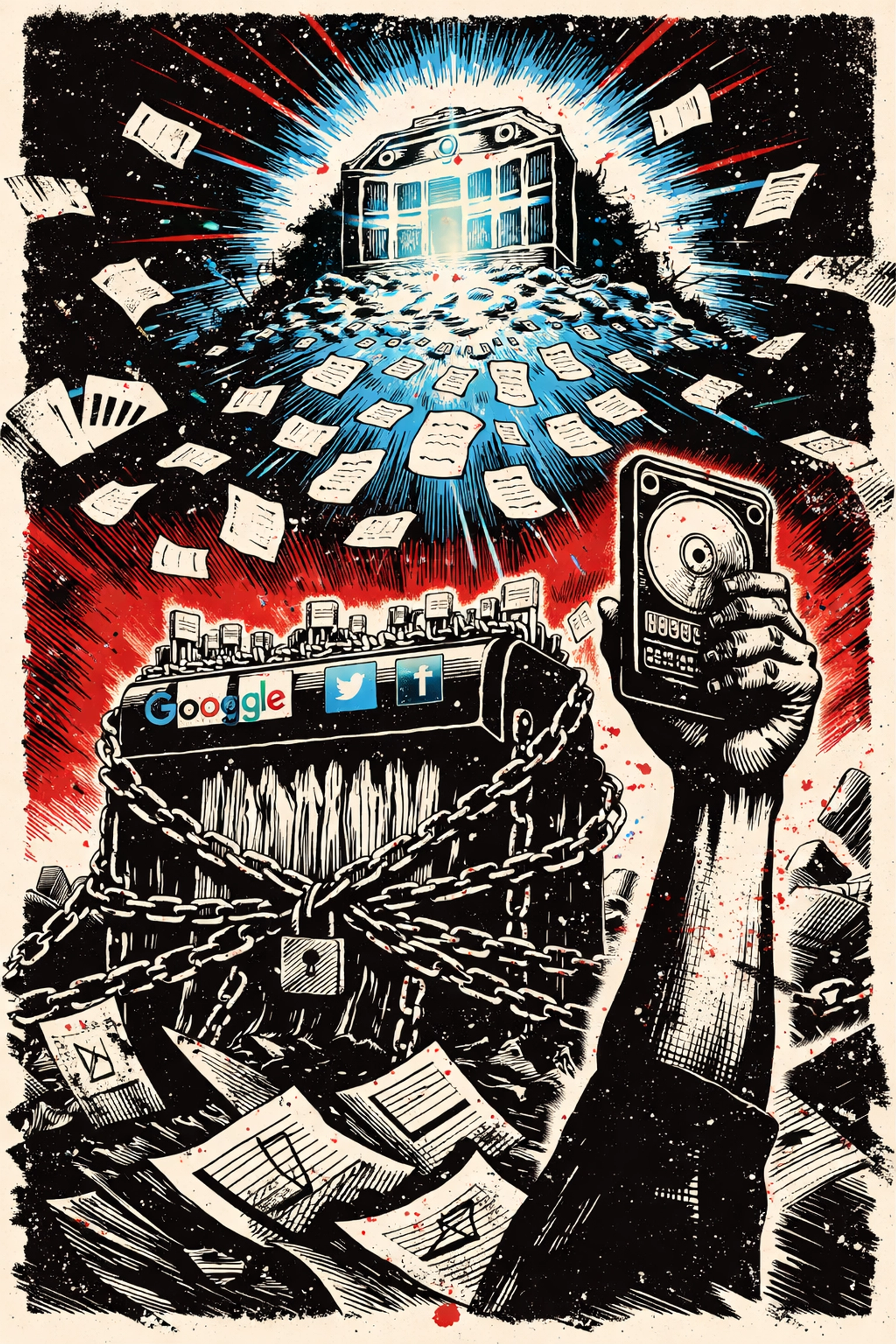 Chains block a corporate shredder as files ascend to an archive vault, representing anti-censorship archiving