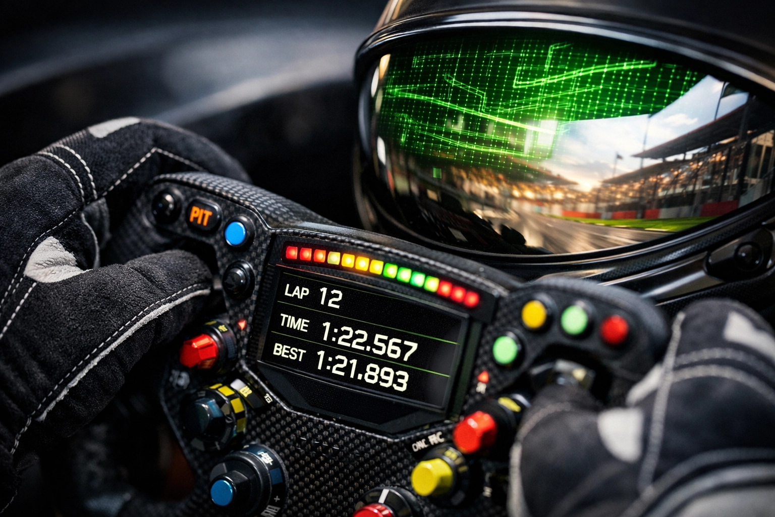 A professional racing driver's helmet visor reflects both virtual and real-world track environments.