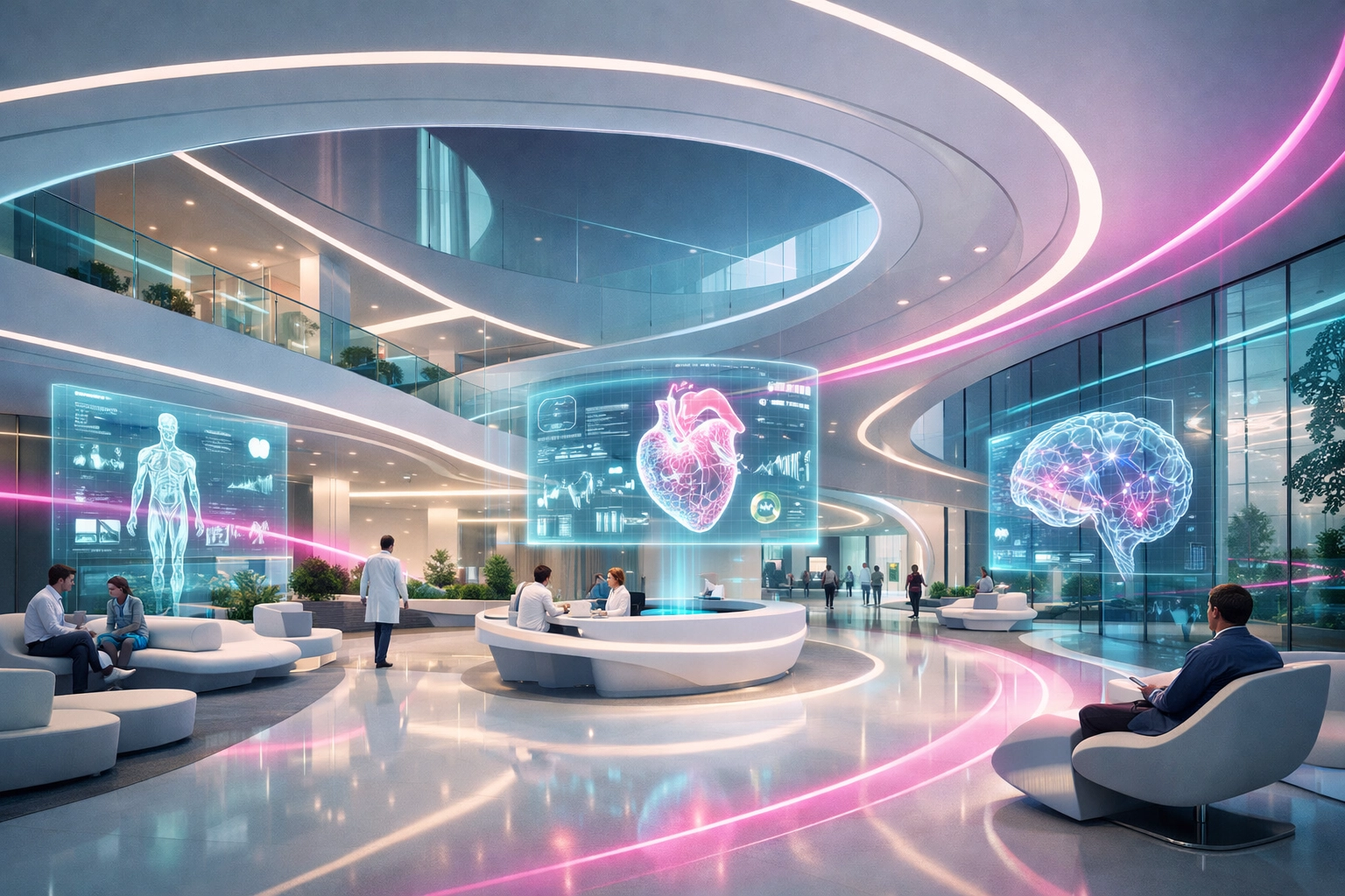 Futuristisches medizinisches Zentrum als Vision für innovative KI im Gesundheitswesen der Zukunft.