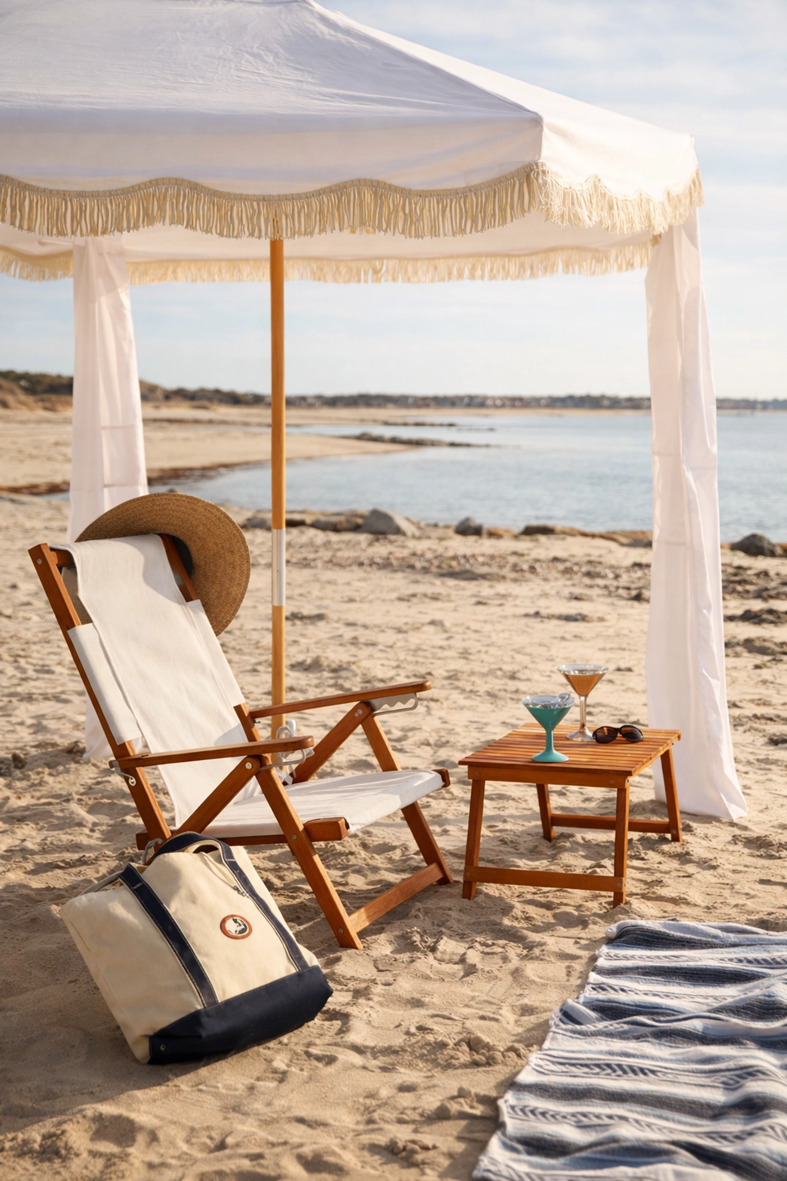 Woman relaxing in a reclining canvas beach chair under a white canvas fringe cabana (Business & Pleasure style) in New Smyrna Beach, sun-kissed and effortless