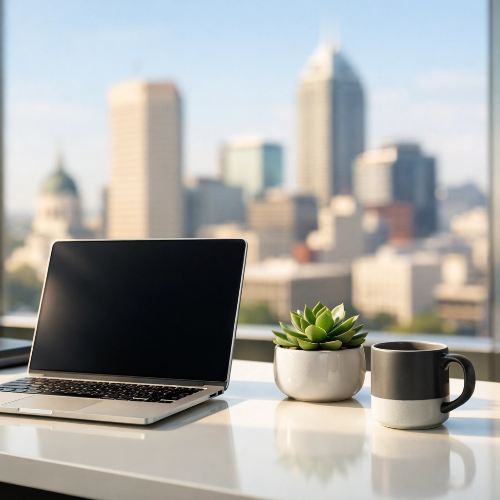 Professional property management office in Indianapolis overlooking the city skyline.