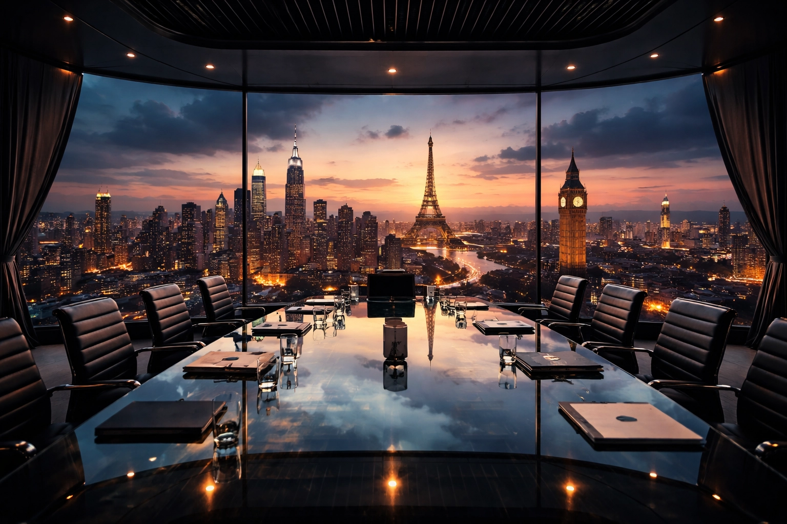 Modern conference room overlooking Manhattan and European landmarks, representing global hedge fund investment strategies