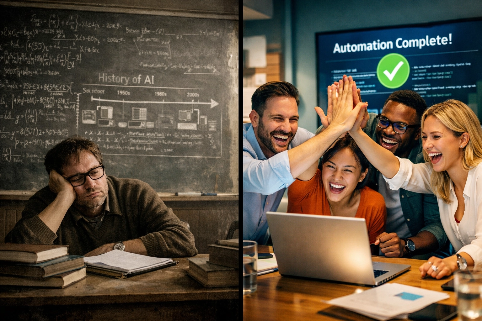 Team using practical workflows in a modern office, contrasting theory with effective corporate AI training.