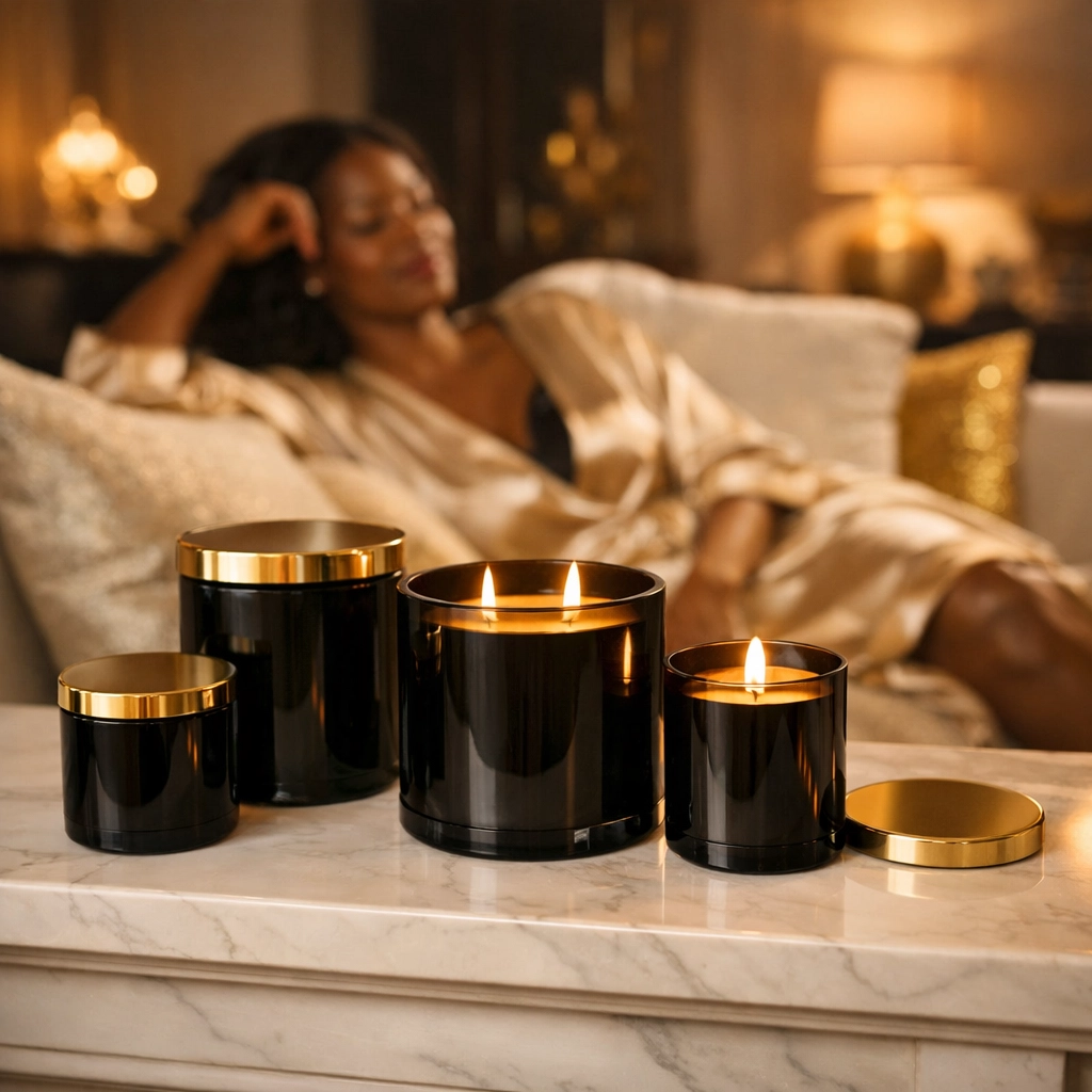 Luxury black-glass candles with gold lids displayed in an elegant, modern living room.