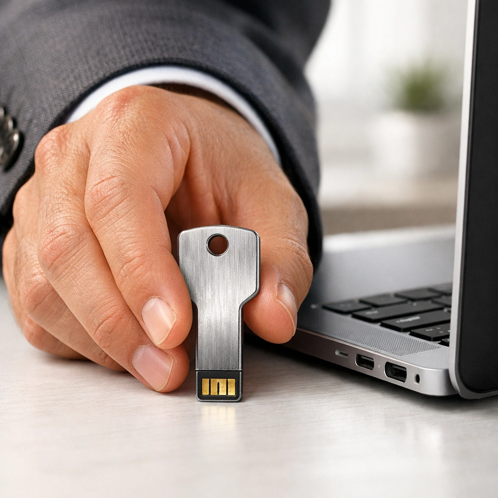 Tax professional using a security key for secure ERO software access and taxpayer data protection.