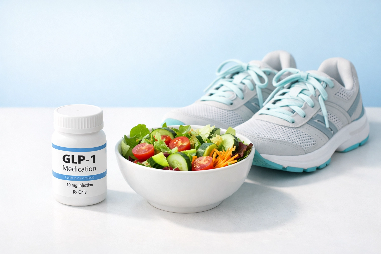 GLP-1 medication bottle with healthy salad and running shoes representing comprehensive weight loss approach
