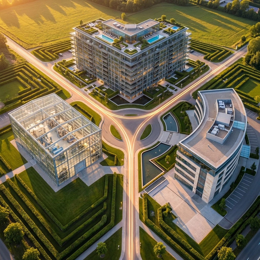 Aerial view of diverse real estate properties showcases syndication opportunities for accredited investors.