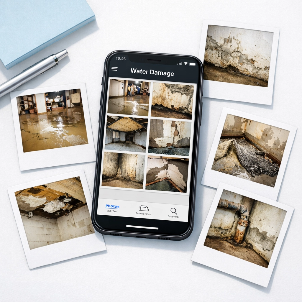 Smartphone documenting water damage photos for homeowners insurance claim evidence