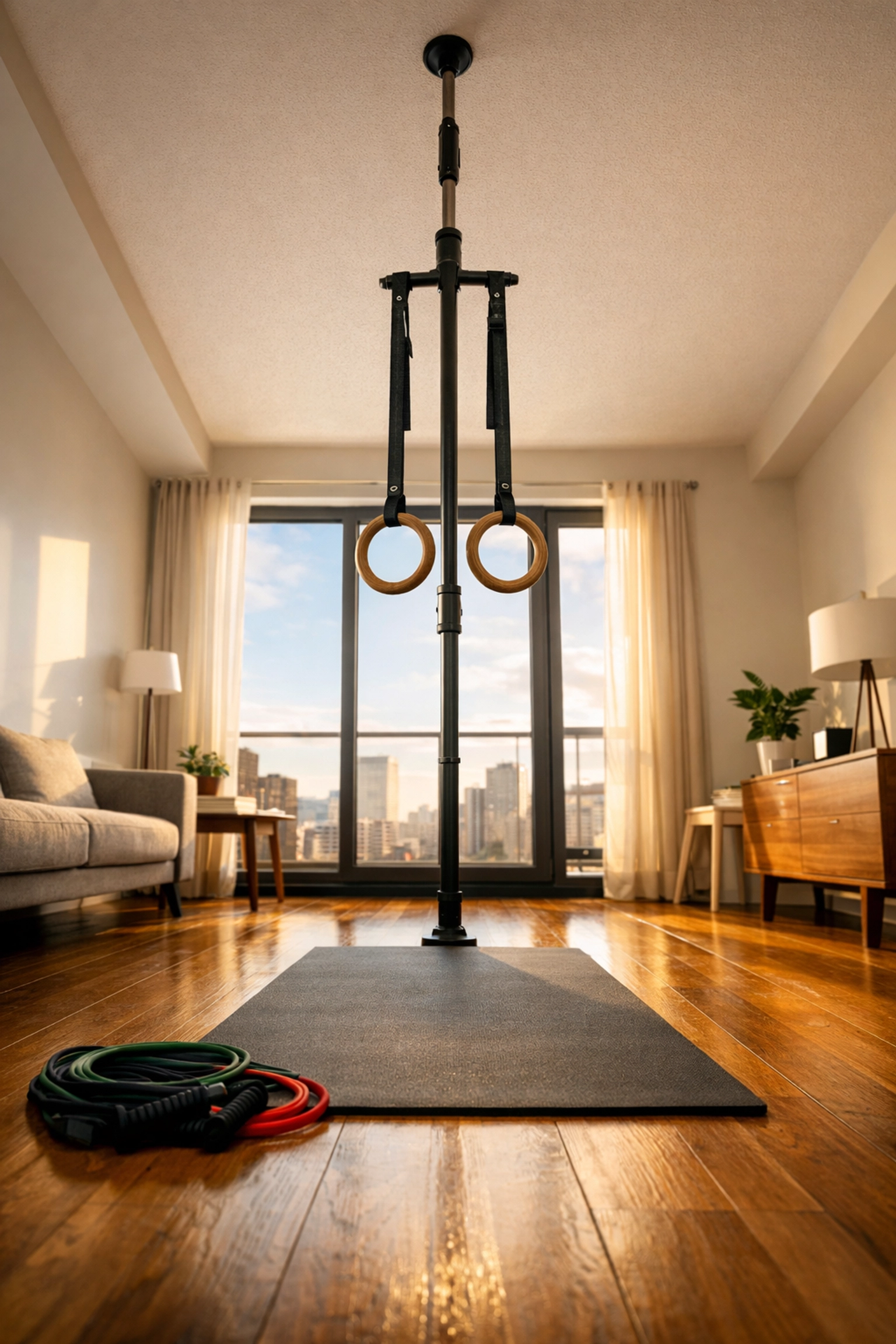 Floor-to-ceiling home gym setup in apartment with gymnastics rings and resistance bands
