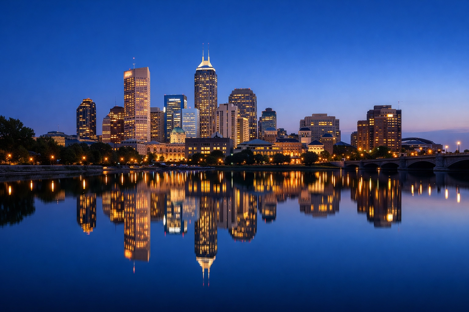 Panoramic view of the Indianapolis skyline at dusk, representing Midwest commercial property service areas.