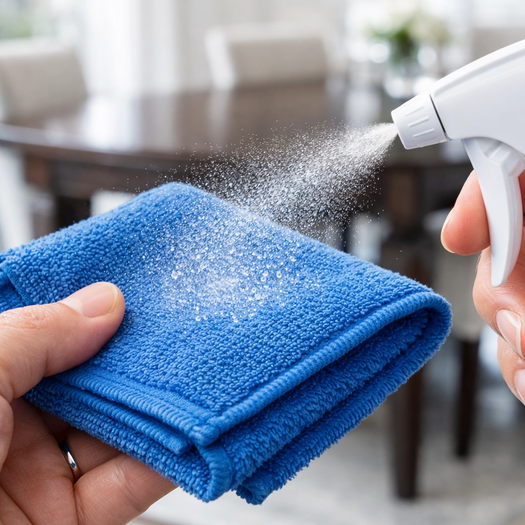 Spraying cleaner onto a blue cloth to safely clean surfaces, an expert maid service Worcester tip.