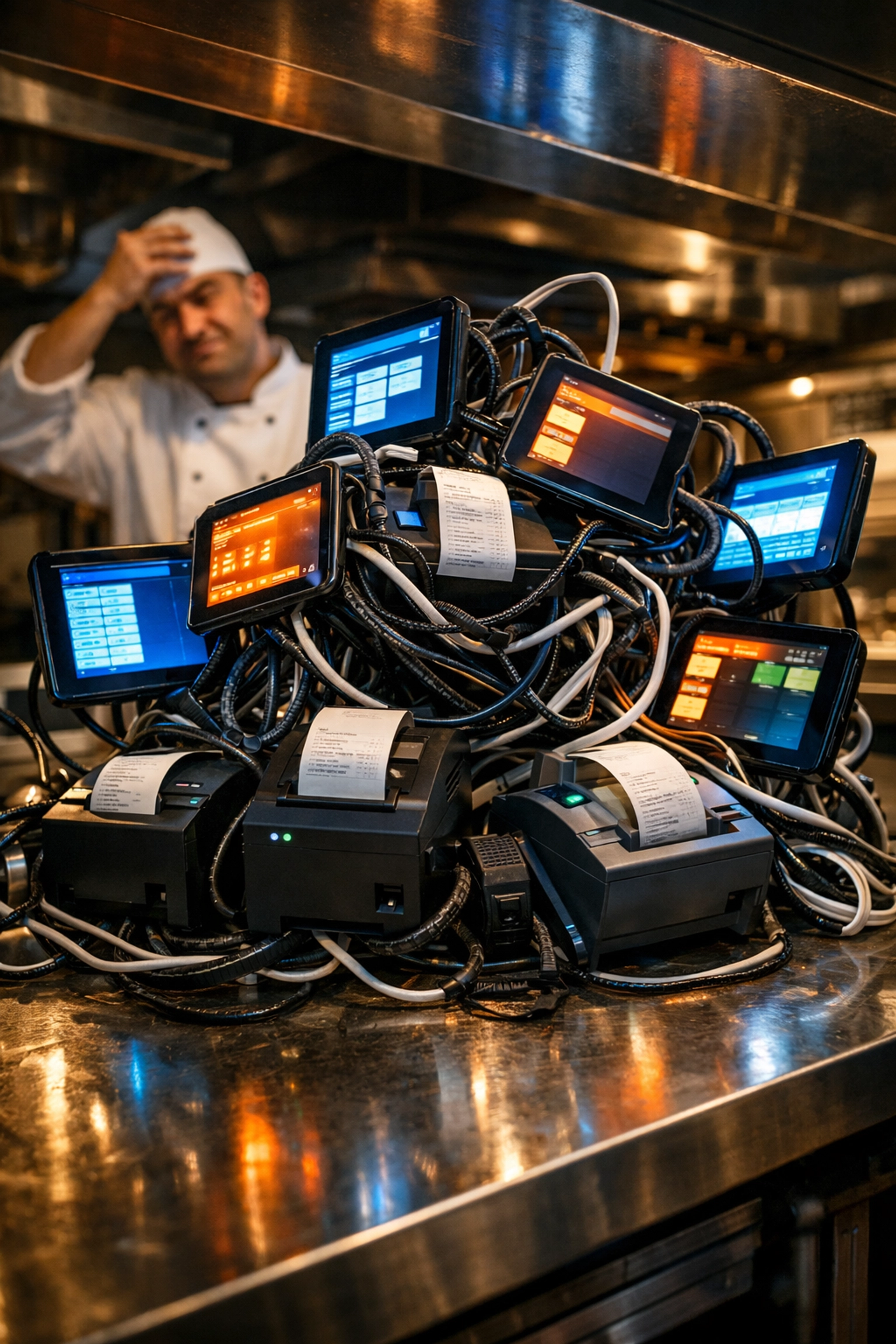 Frustrated chef in a kitchen facing a cluttered counter of unintegrated restaurant tablets and messy cables.