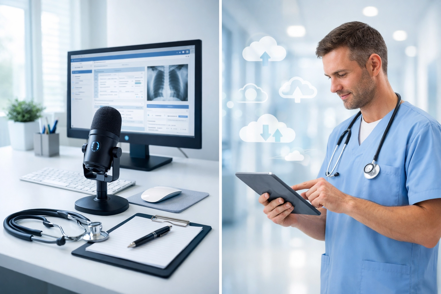 Desktop workstation with microphone vs cloud-based medical dictation software on tablet in clinic