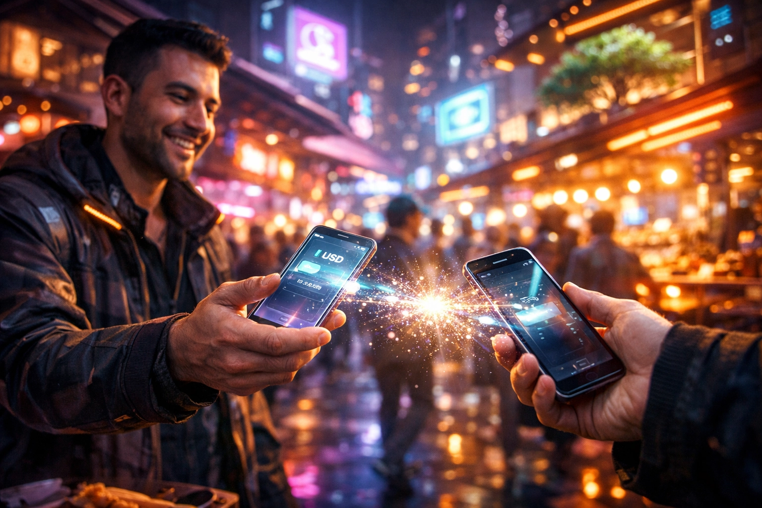 A merchant using a Solana-compatible wallet to process fast LUSD QR payments in a futuristic digital storefront.