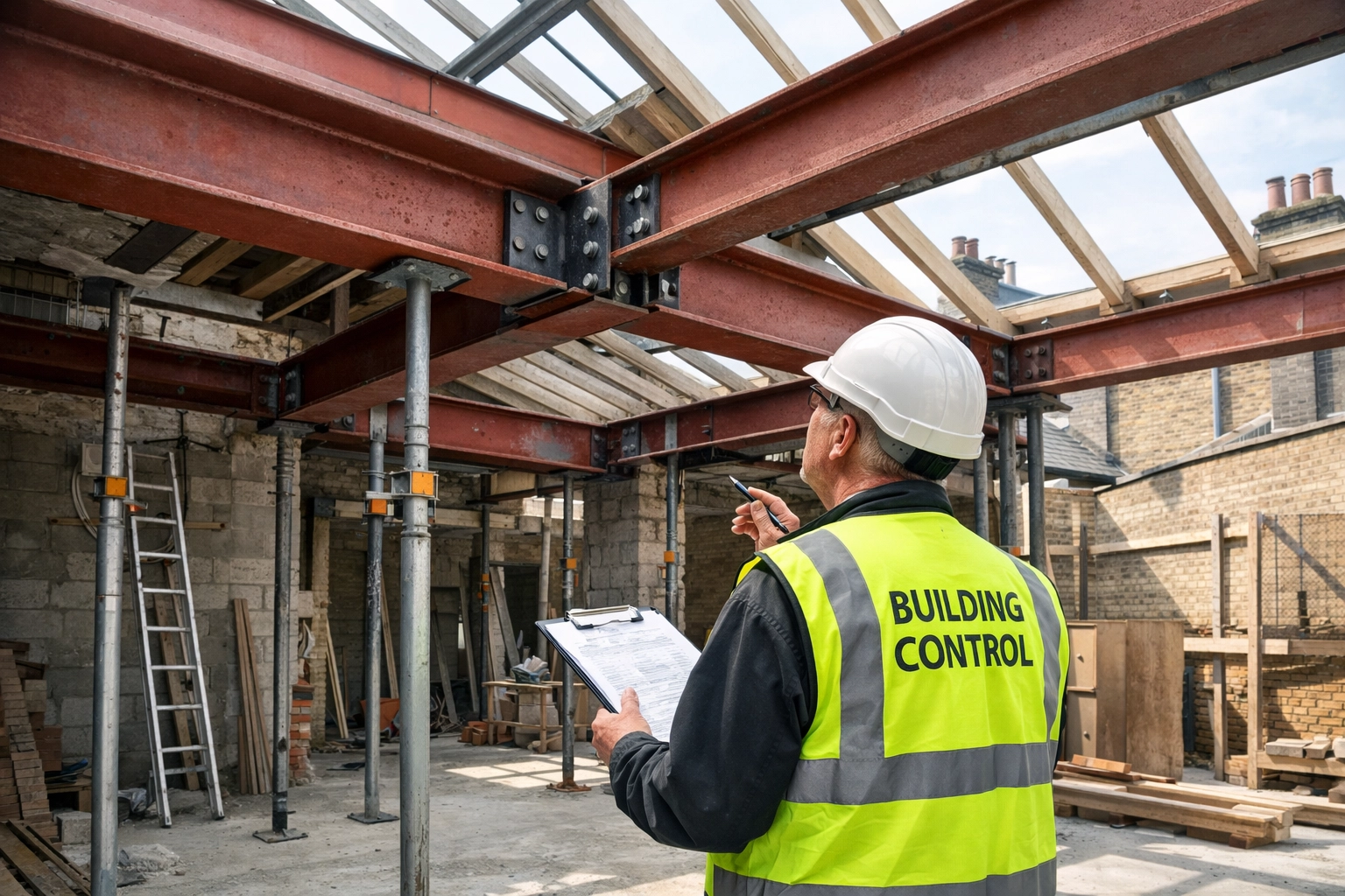 Building Control inspector examining steel beam connections in London extension
