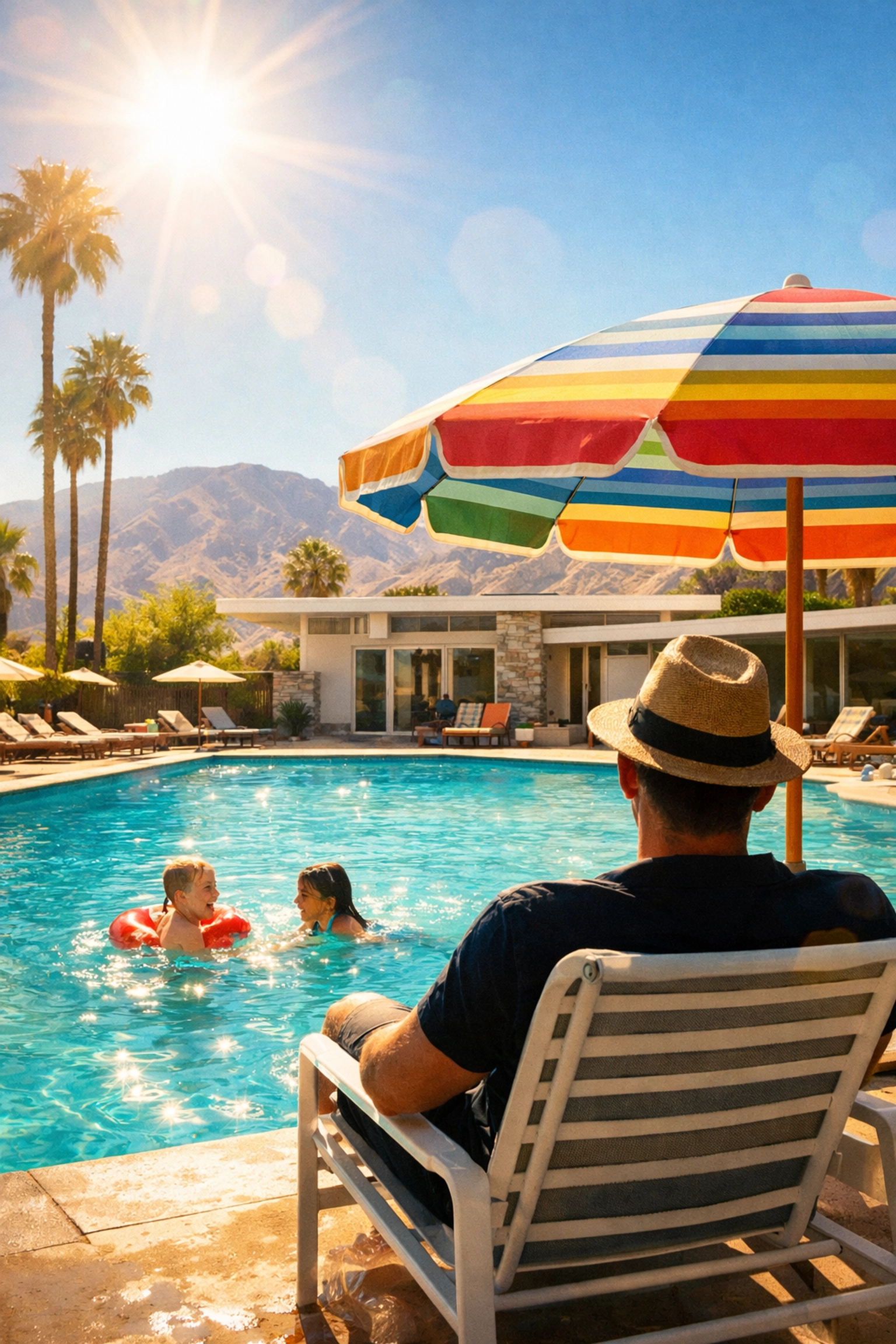 Palm Springs pool scene showing gay uncle and children healing together in The Guncle