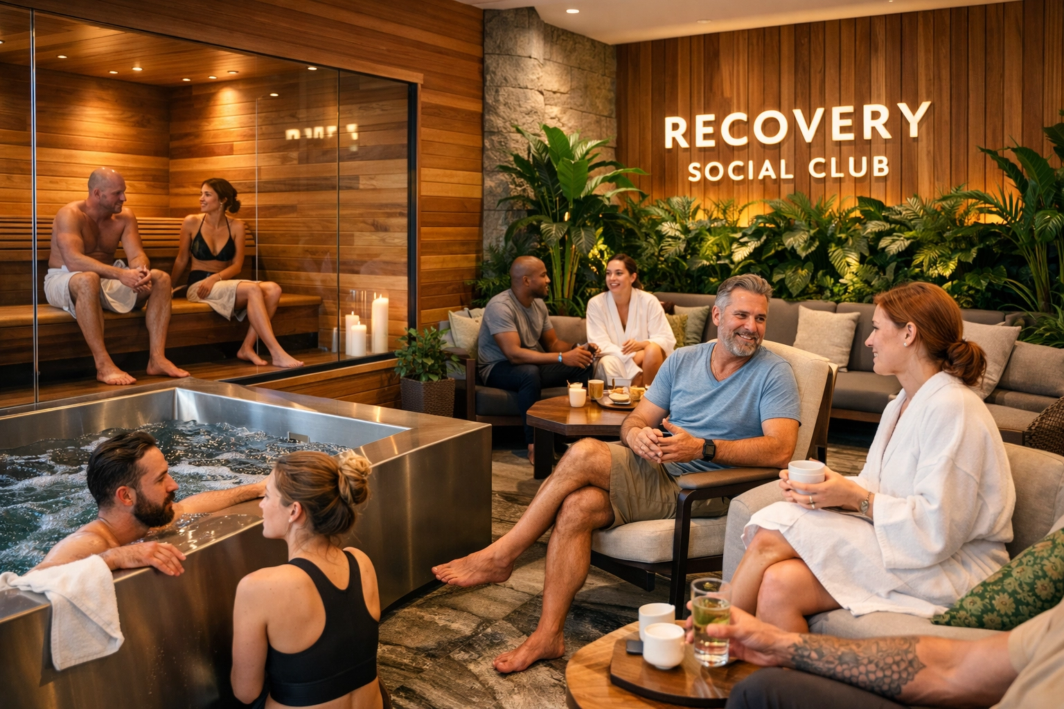 People gathering at a modern recovery club with a sauna and cold plunge for community-based biohacking.
