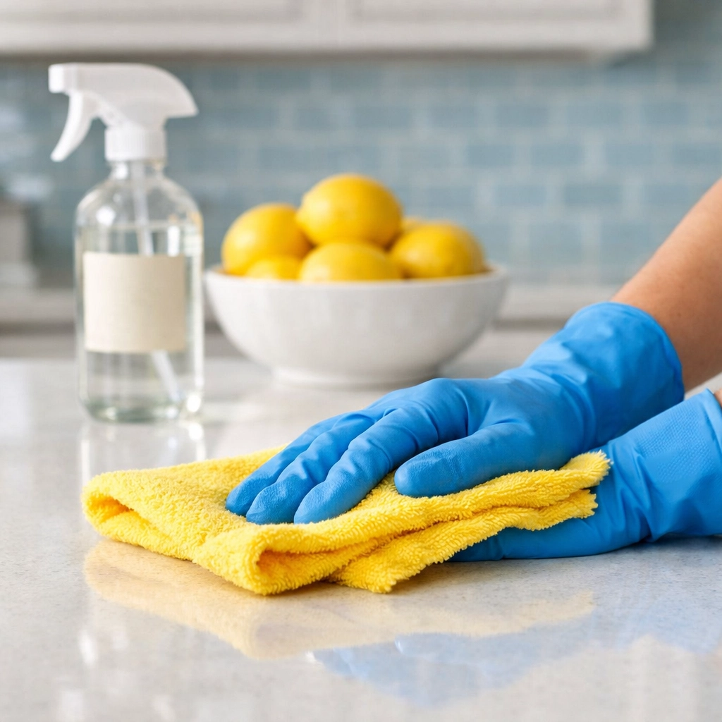 Professional cleaners in Sandwich using eco-friendly products to sanitize a white quartz kitchen counter.